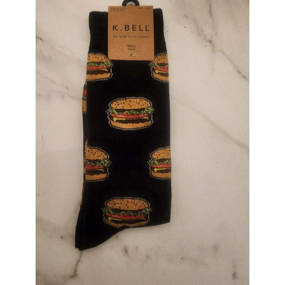 New MENS K.BELL HAMBURGER BLACK CREW SOCKS ONE SIZE (SHOE SIZE 6.5 -12)